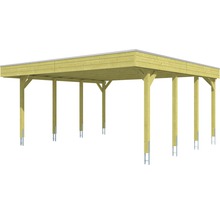 Carport double SKAN HOLZ Friesland avec film d'étanchéité pour toiture en EPDM et ancrage pour poteaux H 557 x 555 cm imprégné