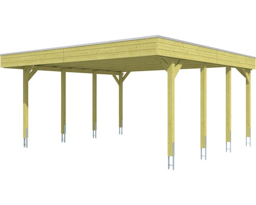 Carport en bois avec toit plat et supports en acier