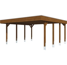 Carport double SKAN HOLZ Friesland avec panneaux de toiture en aluminium et ancrage pour poteaux H 557 x 555 cm noyer
