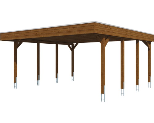 Carport en bois avec toit plat et poteaux en acier