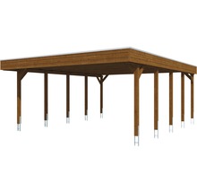 Carport double SKAN HOLZ Friesland avec panneaux de toiture en aluminium et ancrage pour poteaux H 557 x 708 cm noyer