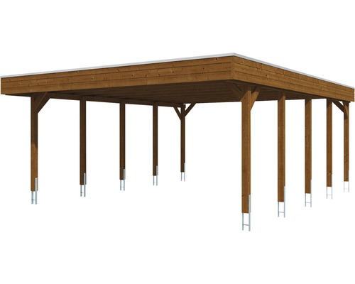 Carport en bois avec toit plat et ancrage de poteau en acier