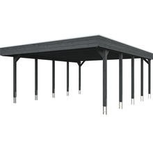 Carport double SKAN HOLZ Friesland avec panneaux de toiture en aluminium et ancrage pour poteaux H 557 x 708 cm gris