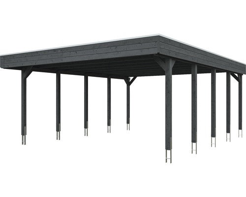 Carport en bois avec plusieurs poteaux et toit plat