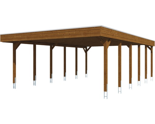 Carport en bois avec toit plat et supports en acier