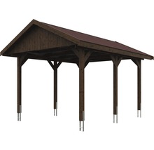 Carport simple SKAN HOLZ Wallgau avec bardeaux rouges et ancrage pour poteaux H 380 x 500 cm noyer