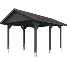 Carport simple SKAN HOLZ Wallgau avec bardeaux rouges et ancrage pour poteaux H 380 x 500 cm gris