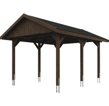 Carport simple SKAN HOLZ Wallgau avec bardeaux noirs et ancrage pour poteaux H 380 x 500 cm noyer