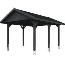 Carport simple SKAN HOLZ Wallgau avec bardeaux noirs et ancrage pour poteaux H 380 x 500 cm gris