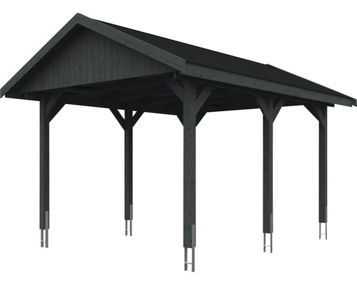 Carport en bois avec toit à deux pentes et pieds de poteaux en acier