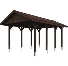 Carport simple SKAN HOLZ Wallgau avec bardeaux rouges et ancrage pour poteaux H 380 x 600 cm noyer
