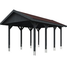 Carport simple SKAN HOLZ Wallgau avec bardeaux rouges et ancrage pour poteaux H 380 x 600 cm gris
