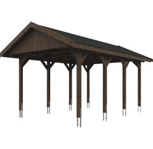 Carport simple SKAN HOLZ Wallgau avec bardeaux noirs et ancrage pour poteaux H 380 x 600 cm noyer