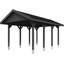 Carport simple SKAN HOLZ Wallgau avec bardeaux noirs et ancrage pour poteaux H 380 x 600 cm gris