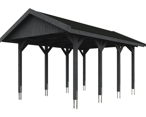 Carport en bois avec toit à deux pentes et plusieurs poteaux