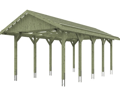Carport en bois avec toit à pignon et ancrages de poteaux en acier