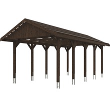 Carport simple SKAN HOLZ Wallgau avec lattis et ancrage pour poteaux H 380 x 750 cm noyer