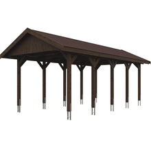 Carport simple SKAN HOLZ Wallgau avec bardeaux rouges et ancrage pour poteaux H 380 x 750 cm noyer