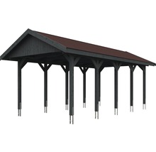 Carport simple SKAN HOLZ Wallgau avec bardeaux rouges et ancrage pour poteaux H 380 x 750 cm gris