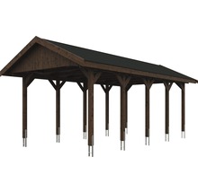 Carport simple SKAN HOLZ Wallgau avec bardeaux noirs et ancrage pour poteaux H 380 x 750 cm noyer
