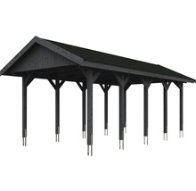 Carport simple SKAN HOLZ Wallgau avec bardeaux noirs et ancrage pour poteaux H 380 x 750 cm gris