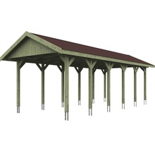 Carport simple SKAN HOLZ Wallgau avec bardeaux rouges et ancrage pour poteaux H 380 x 900 cm imprégné