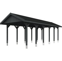Carport simple SKAN HOLZ Wallgau avec bardeaux noirs et ancrage pour poteaux H 380 x 900 cm gris