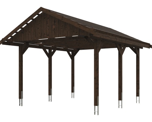 Carport en bois avec toit à deux pentes et ancrages de poteaux en acier