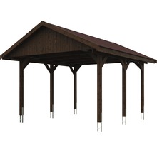 Carport simple SKAN HOLZ Wallgau avec bardeaux rouges et ancrage pour poteaux H 430 x 500 cm noyer