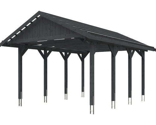 Carport en bois avec toit à deux pans et ancrages de poteaux métalliques