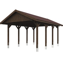 Carport simple SKAN HOLZ Wallgau avec bardeaux rouges et ancrage pour poteaux H 430 x 600 cm noyer