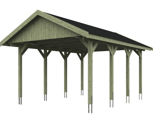 Carport en bois avec toit à deux pans et poteaux sur ancrages métalliques