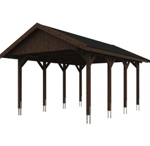 Carport simple SKAN HOLZ Wallgau avec bardeaux noirs et ancrage pour poteaux H 430 x 600 cm noyer