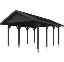 Carport simple SKAN HOLZ Wallgau avec bardeaux noirs et ancrage pour poteaux H 430 x 600 cm gris