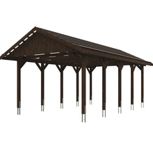 Carport simple SKAN HOLZ Wallgau avec lattis et ancrage pour poteaux H 430 x 750 cm noyer