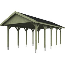 Carport simple SKAN HOLZ Wallgau avec bardeaux noirs et ancrage pour poteaux H 430 x 750 cm imprégné