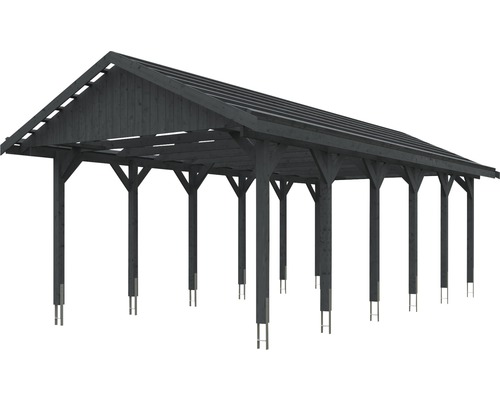 Carport en bois avec toit à deux pentes et plusieurs piliers de soutien
