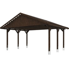 Carport double SKAN HOLZ Wallgau avec lattis et ancrage pour poteaux H 620 x 500 cm noyer