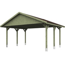 Carport double SKAN HOLZ Wallgau avec bardeaux rouges et ancrage pour poteaux 620 x 500 cm imprégné
