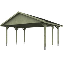 Carport double SKAN HOLZ Wallgau avec bardeaux noirs et ancrage pour poteaux 620 x 500 cm imprégné