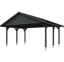 Carport double SKAN HOLZ Wallgau avec bardeaux noirs et ancrage pour poteaux H 620 x 500 cm gris