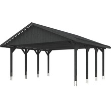 Carport double SKAN HOLZ Wallgau avec lattis et ancrage pour poteaux H 620 x 600 cm gris