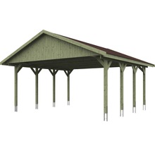 Carport double SKAN HOLZ Wallgau avec bardeaux rouges et ancrage pour poteaux 620 x 600 cm imprégné