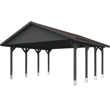 Carport double SKAN HOLZ Wallgau avec bardeaux rouges et ancrage pour poteaux H 620 x 600 cm gris
