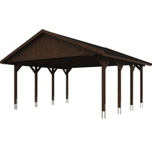 Carport double SKAN HOLZ Wallgau avec bardeaux noirs et ancrage pour poteaux H 620 x 600 cm noyer