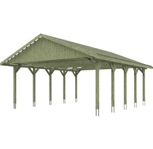 Carport double SKAN HOLZ Wallgau avec lattis et ancrage pour poteaux H 620 x 750 cm imprégné