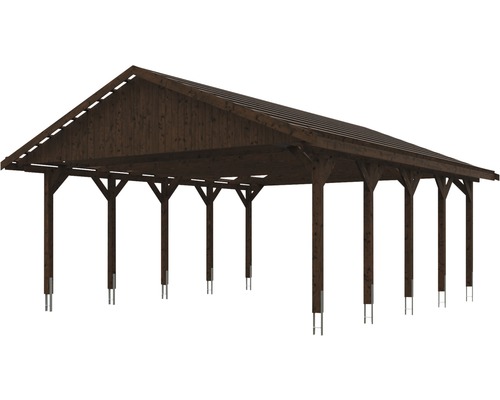 Carport en bois avec toit à deux pentes et supports de poteaux en acier