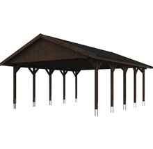 Carport double SKAN HOLZ Wallgau avec bardeaux noirs et ancrage pour poteaux H 620 x 750 cm noyer