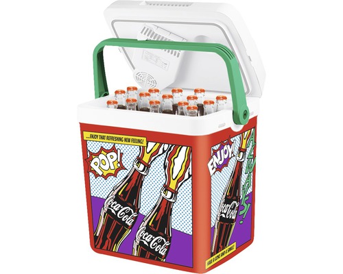 Glacière ouverte avec motif Coca-Cola et boissons
