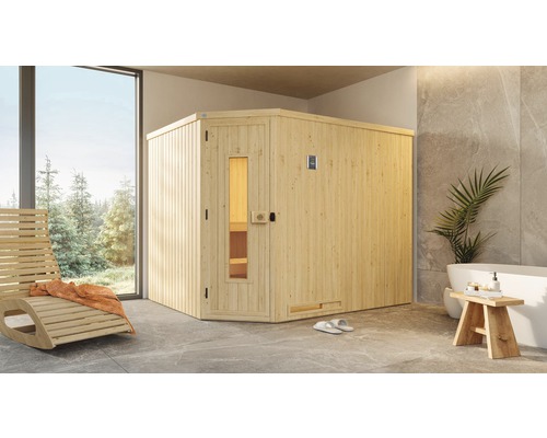 Sauna modulaire d'angle Weka Varberg HT avec poêle bio 7,5 kW et commande numérique, sans fenêtre, avec porte en bois incluant vitrage à isolation thermique